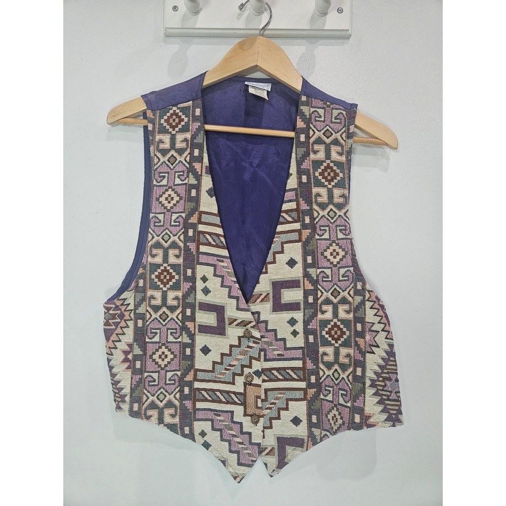 Backroad Blues Vintage Southwestern Tapestry Vest Purple Geometric Made in USA L
